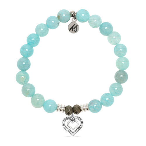 Aqua Fire Agate Gemstone Bracelet with Family Heart Cutout Sterling Silver Charm