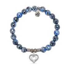 Load image into Gallery viewer, Denim Blue Agate Gemstone Bracelet with Family Heart Cutout Sterling Silver Charm
