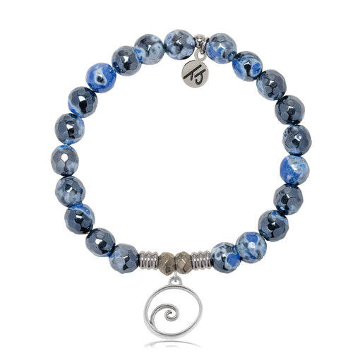 Denim Blue Agate Stone Bracelet with Wave Sterling Silver Charm