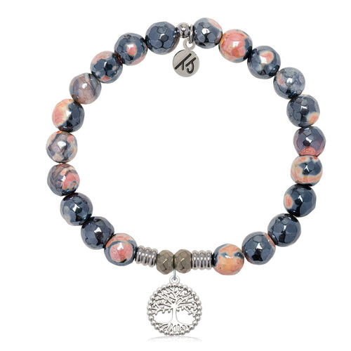 Orange Black Agate Gemstone Bracelet with Family Tree Sterling Silver Charm