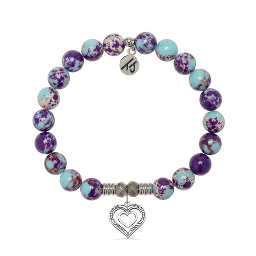 Purple Blue Jasper Gemstone Bracelet with Family Heart Cutout Sterling Silver Charm