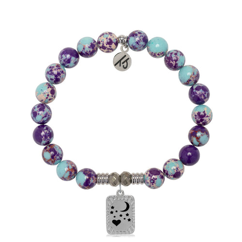 Purple Blue Jasper Gemstone Bracelet with Moon and Back Sterling Silver Charm