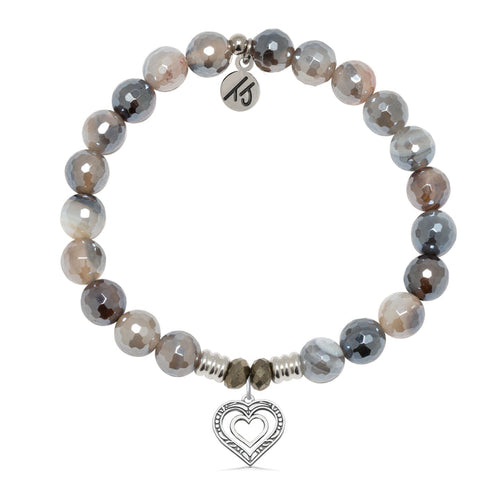 Storm Agate Gemstone Bracelet with Family Heart Cutout Sterling Silver Charm