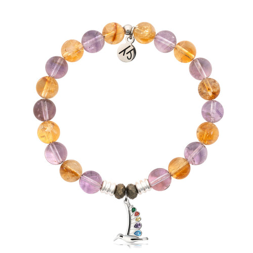 Amethyst Citrine Gemstone Bracelet with Hummingbird Sterling Silver Charm