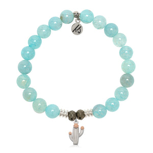 Aqua Fire Agate Gemstone Bracelet with Cactus Cutout Sterling Silver Charm