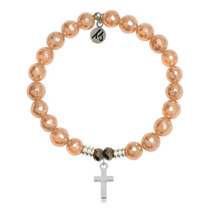 Champagne Agate Stone Bracelet with Cross Sterling Silver Charm