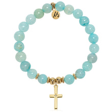 Load image into Gallery viewer, Gold Collection - Aqua Fire Agate Gemstone Bracelet with Cross CZ Gold Charm
