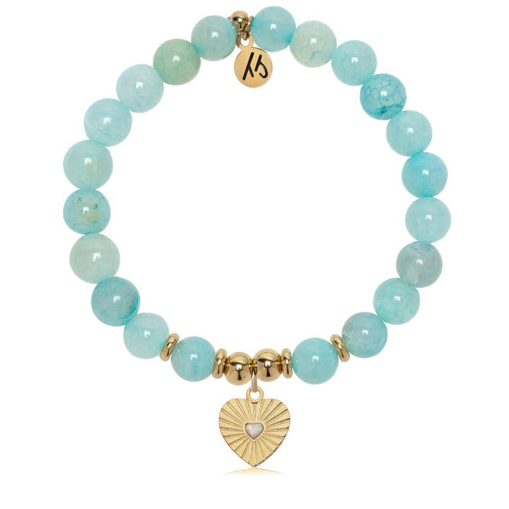 Gold Collection - Aqua Fire Agate Stone Bracelet with Heart Opal Gold Charm