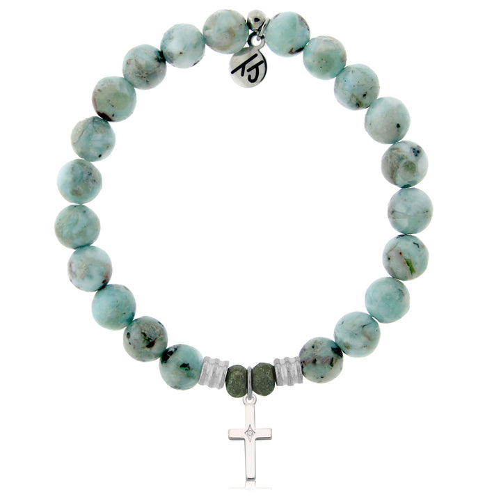 Larimar Stone Bracelet with Cross CZ Sterling Silver Charm