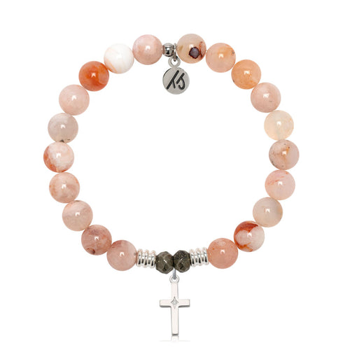 Sakura Agate Gemstone Bracelet with Cross CZ Sterling Silver Charm