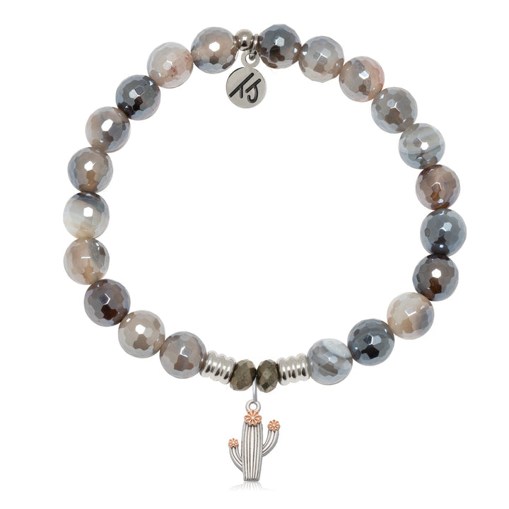 Storm Agate Stone Bracelet with Cactus Cutout Sterling Silver Charm