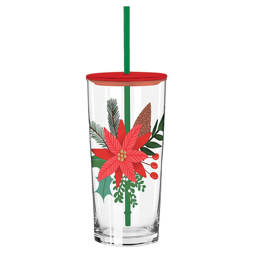 Thimblepress/Slant Glass Tumbler with Straw - Poinsettia