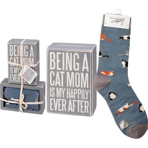 Box Sign & Sock Set - Cat Mom