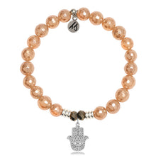 Load image into Gallery viewer, Champagne Agate Stone Bracelet with Hamsa Sterling Silver Charm
