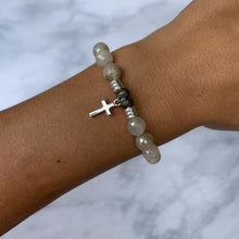 Load image into Gallery viewer, Moonstone Stone Bracelet with Cross Sterling Silver Charm
